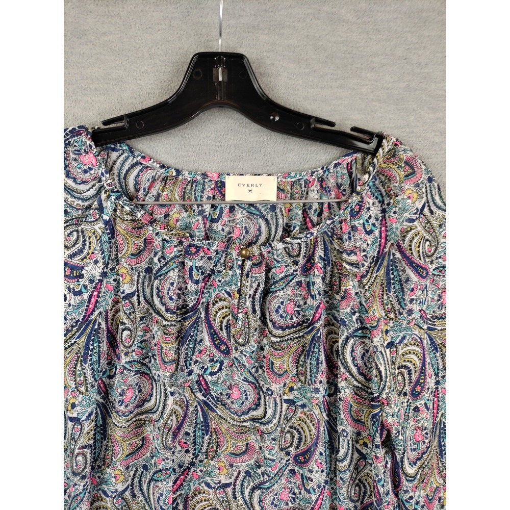 Everly Womens‎ Shirt Small Blue Paisley Sheer Pullover 3/4 Sleeve Peasant Boho